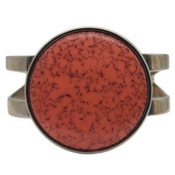 Retro Celebrity Faux Orange Stone Cuff Silver Tone Bangle Modernist Bracelet Vtg - Picture 4 of 8